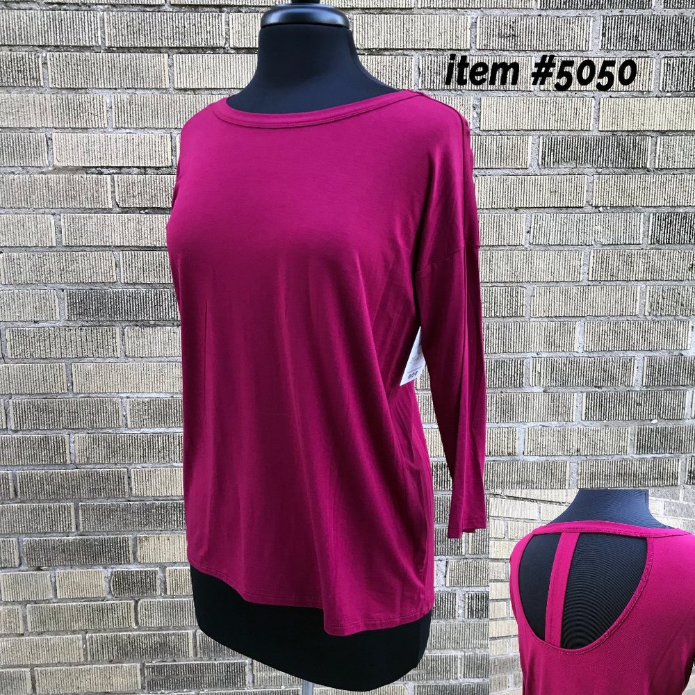 Wine T-Back Three-Quarter Sleeve Tunic Top sizes M to 3XL